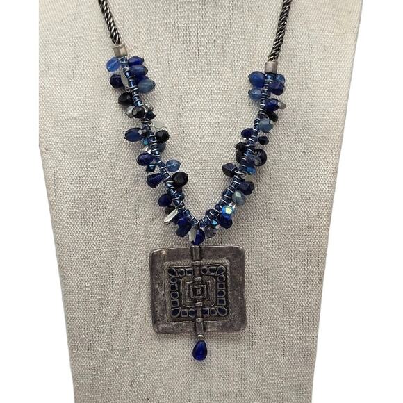 Chico’s Blue Beaded Statement Necklace Silver Tone Square Pendant - Picture 5 of 8